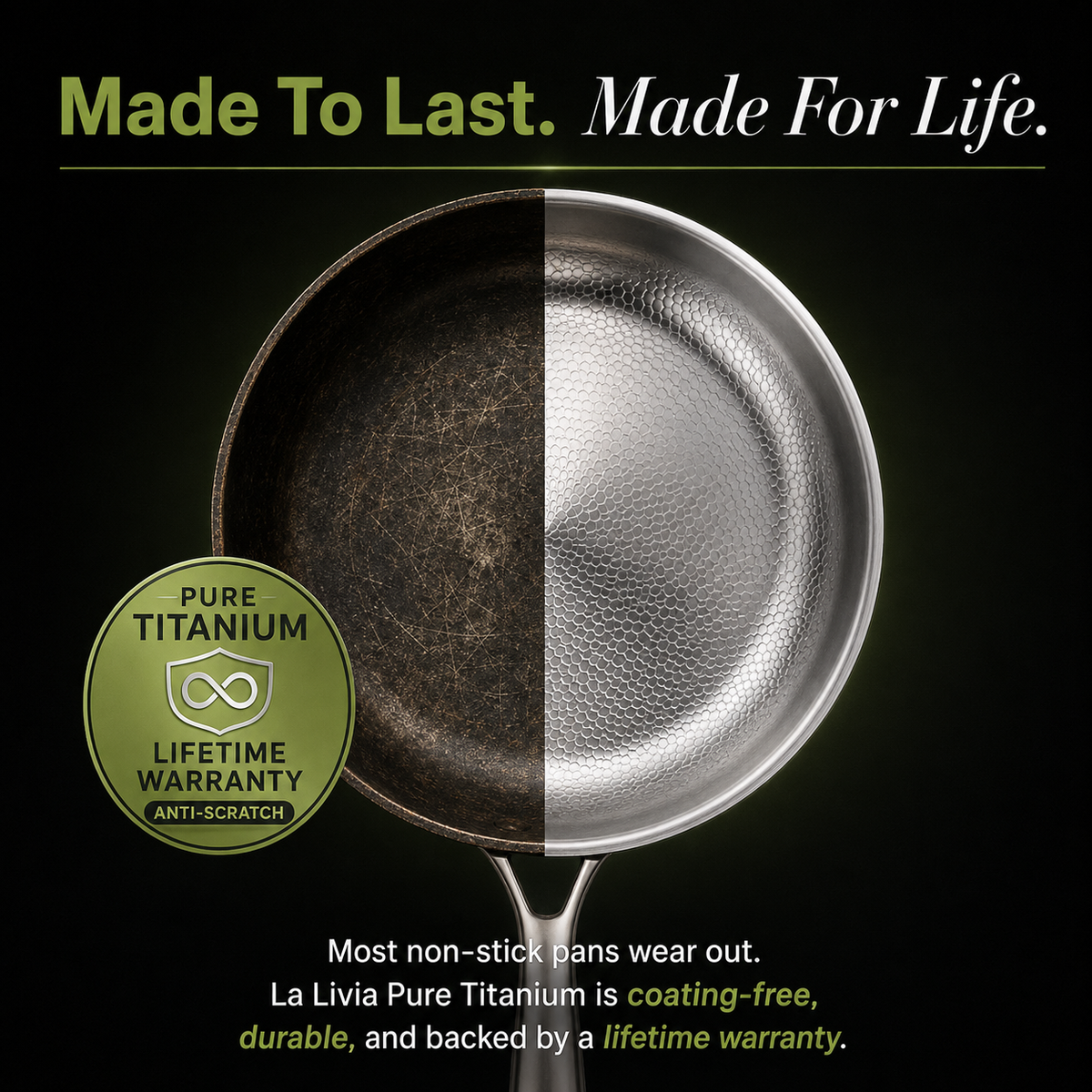 Uncoated titanium cooking surface, nothing to chip or peel
