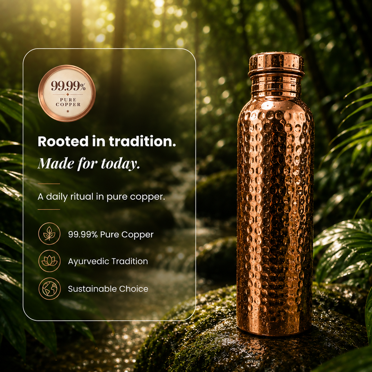 Pure copper water bottle 950ml with hammered finish, La Livia